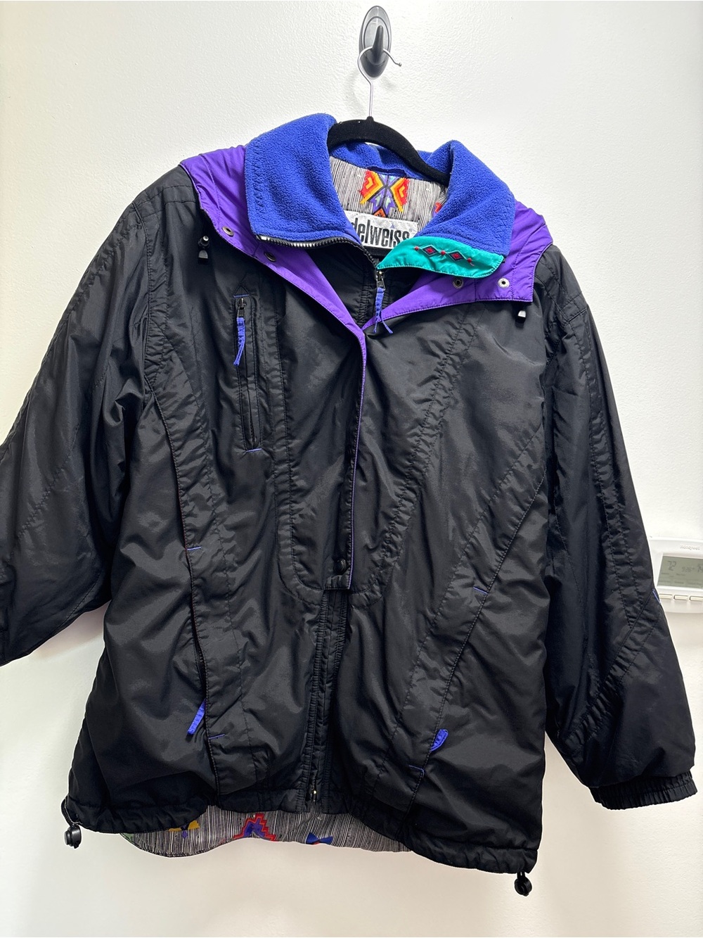 Vintage Edelweiss Ski Jacket in Black, Purple & Teal Southwestern Design- Large